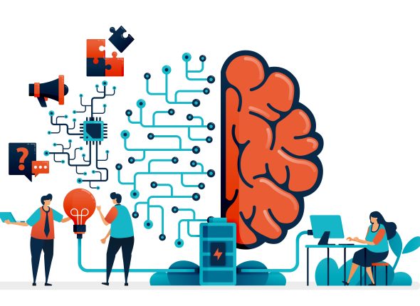 Artificial intelligence for problem solving. Artificial brain network system. Intelligence technology for question n answer, ideas, completing task, promotion. Business card, banner, brochure, flyer