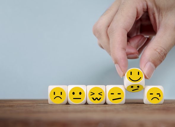 Hand Changing with smile emoticon icons  face on Wooden Cube , h